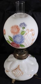 White glass lamp with round floral shade form 1930's, 22 in. T.