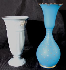 Pair of blue wedgwood vases, tall 14 in. T and Wedgwood 11 in. T.