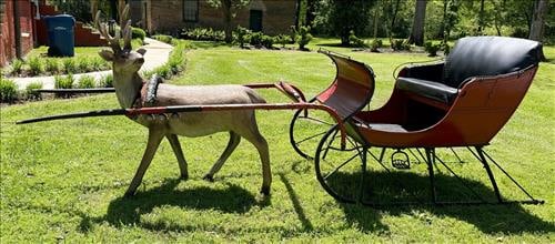 Snow sleigh with fiberglass reindeer attached