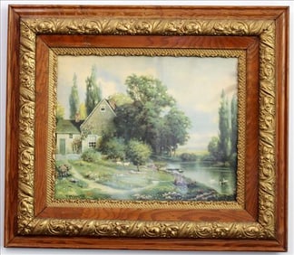 Old oak frame with print of cottage by lake, 26 x 30