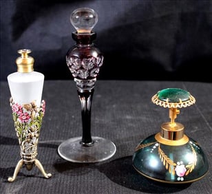 3 perfume bottles, 1 jeweled, 1 paint over green glass, 1 amethyst