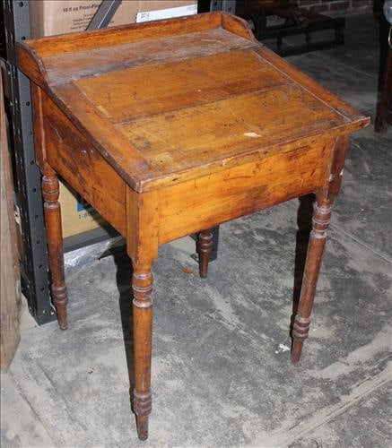 Early school desk on turn legs with lift top, 32 in T, 22 in W, 21 in. D. (1 of 3)