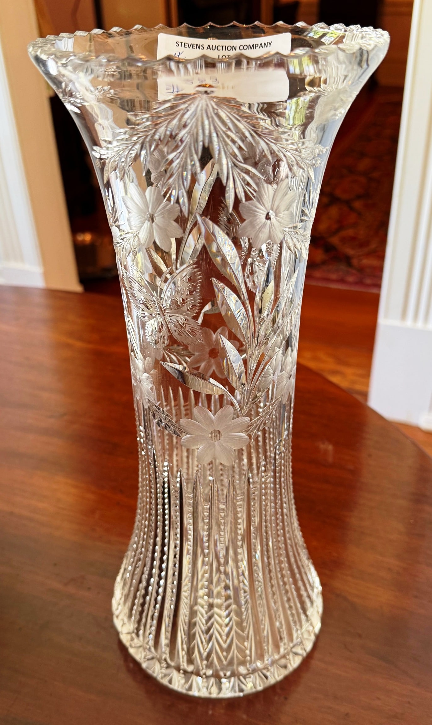 Tall zipper cut glass vase with butterflies, 14 in. T, 6 in. Dia.: Tall zipper cut glass vase with butterflies, 14 in. T, 6 in. Dia.