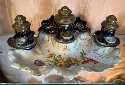 Old Paris triple ink well with porcelain and bronze caps