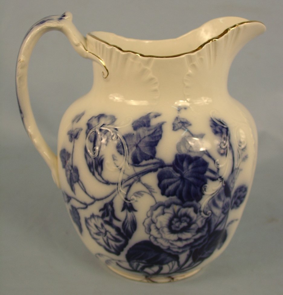 Flow Blue Pitcher, Thomas Hughes & Son, 11in. T, 10i: Flow Blue Pitcher, Thomas Hughes & Son, 11in. T, 10in. W.