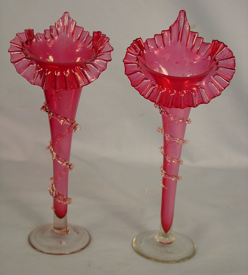 Pair of cranberry Trumpet Vases, 13in. T, 5in. W: Pair of cranberry Trumpet Vases, 13in. T, 5in. W