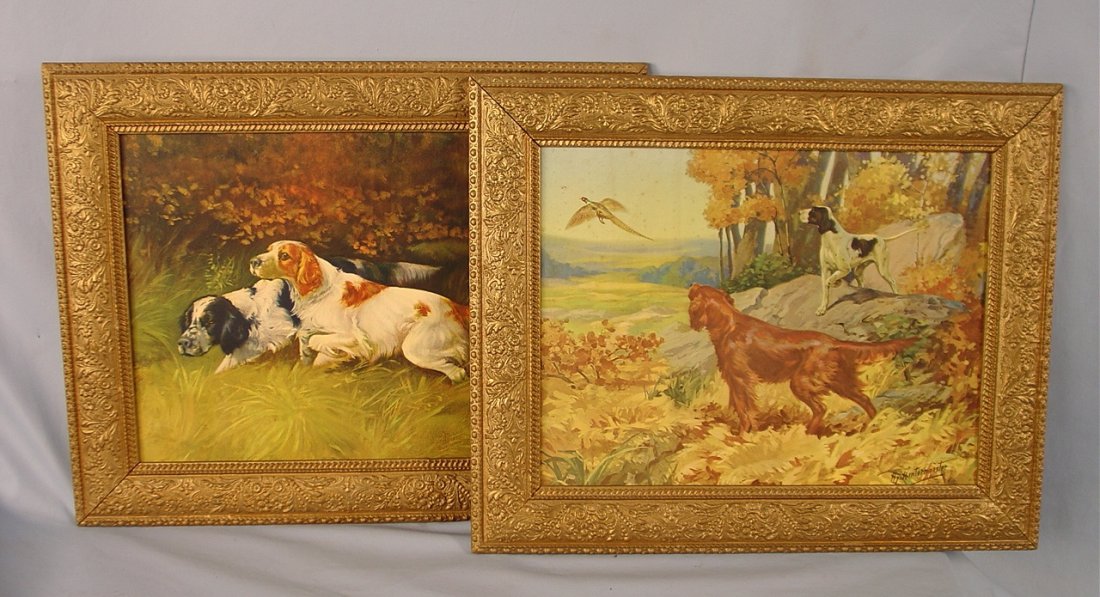 Pair of Bird Dog Prints in old frames, 21in. T, 26: Pair of Bird Dog Prints in old frames, 21in. T, 26in. W