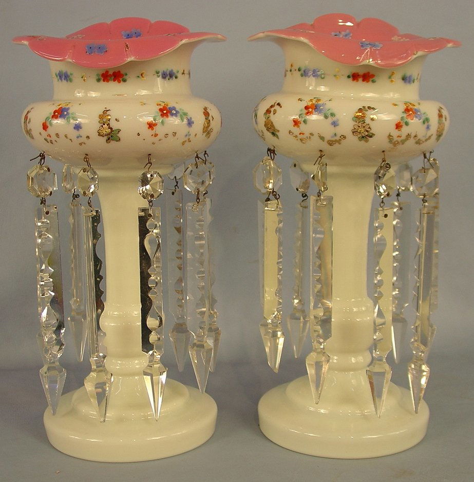 Pair of White and Pink Mantle Lusters, with painte: Pair of White and Pink Mantle Lusters, with painted flowers, 14in. T, 7in. Dia., jack and the pulpit style, ca. 1900