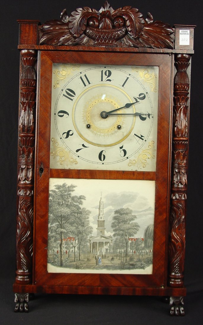 Mahogany Acanthus Carved Mantle Clock, Eli Terry s: Mahogany Acanthus Carved Mantle Clock, Eli Terry spring operated, ca. 1840, 31in. T, 18in. W.