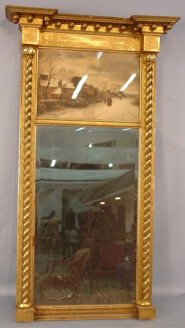 Gold Federal Style Hanging Mirror with painting, s: Gold Federal Style Hanging Mirror with painting, signed by J.W. Gozzard, 41in. T, 23in. W.