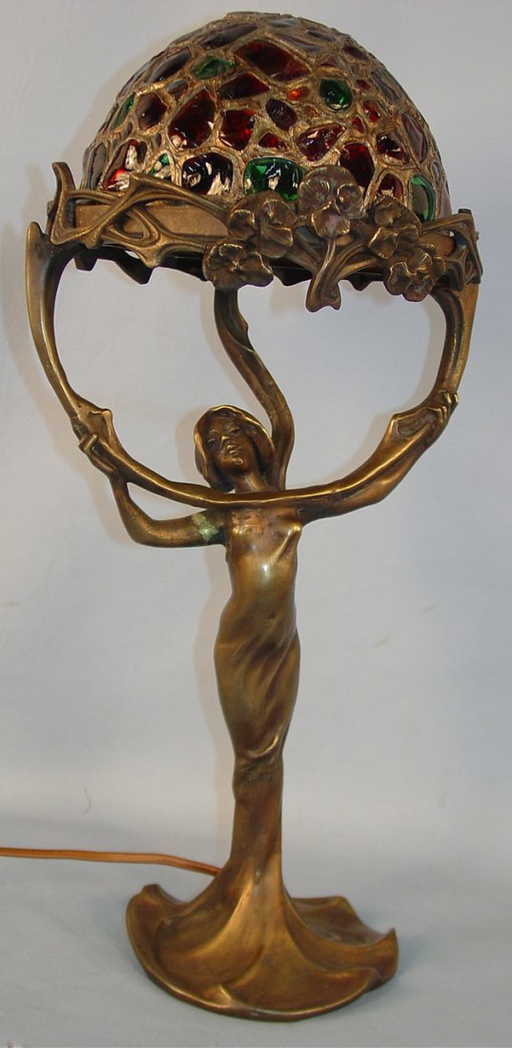 Art Nouveau Lady Lamp with chunk glass shade, 21in. T,