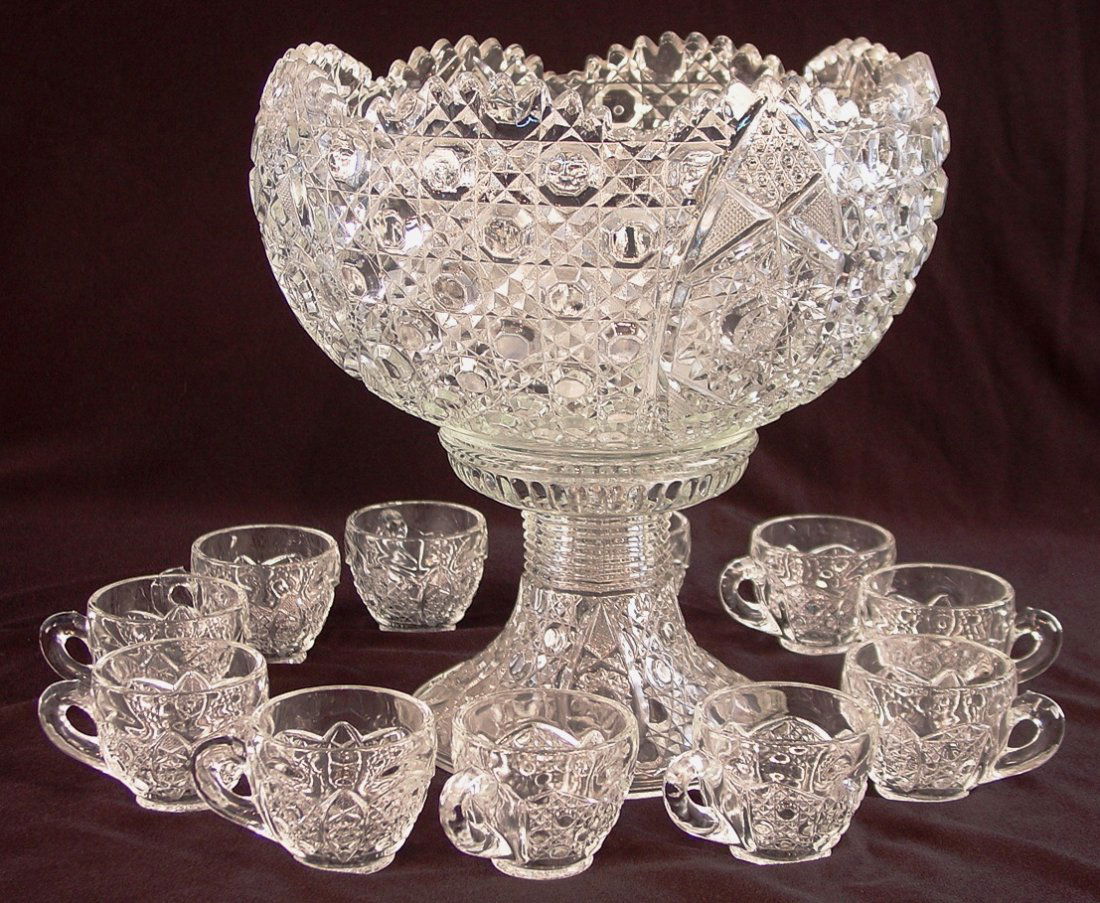 Large Punch Bowl, pressed glass with 11 Cups, 14in. T,
