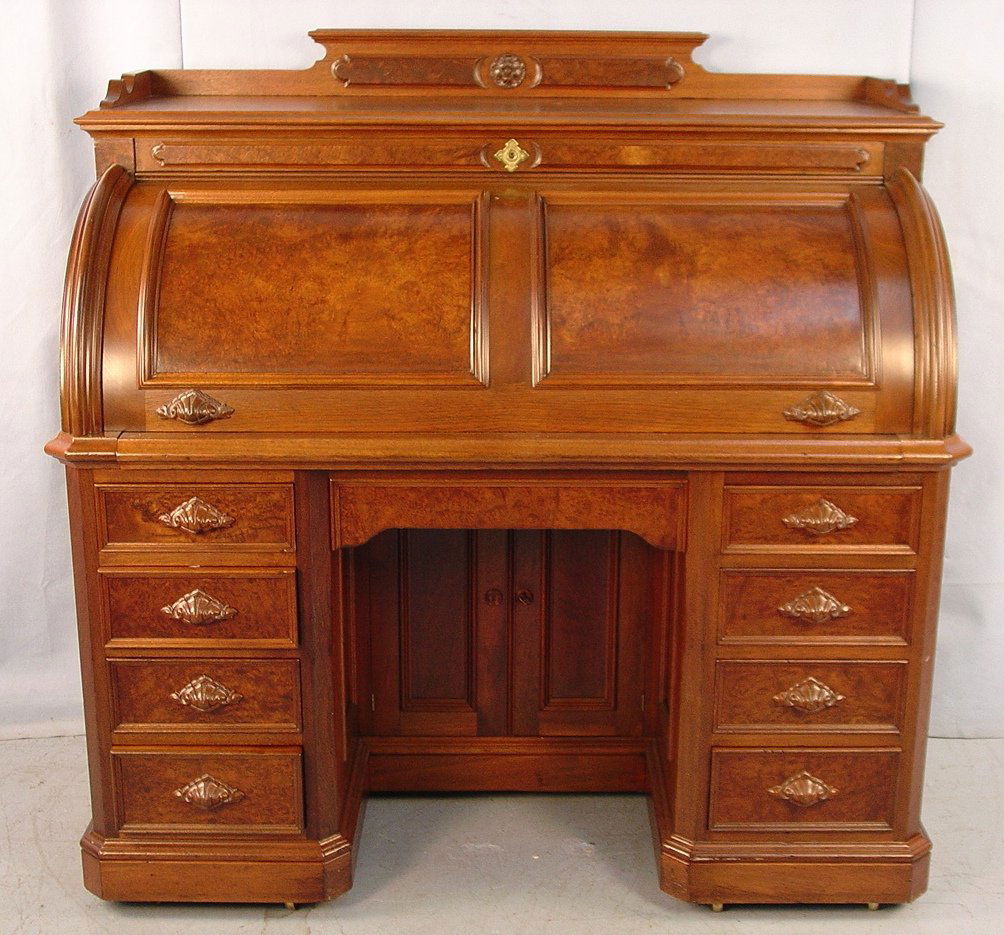 Large Walnut Victorian Roll Top Desk with burl trim and Feb 16, 2013