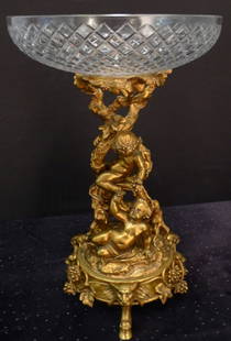 Dore Bronze Center Piece, cupids climbing tree base, gl: Dore Bronze Center Piece, cupids climbing tree base, glass bowl, signed by Christofle, stands 14in. T, ca. 1880