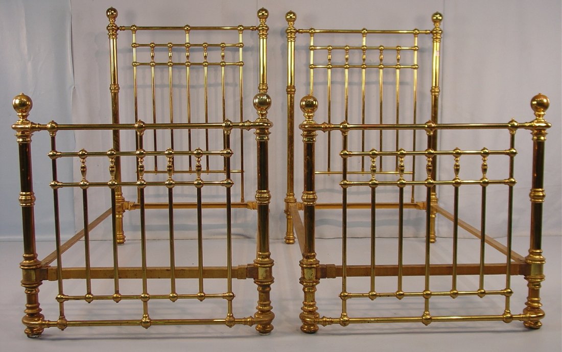 Pair of Heavy Brass and Iron Twin Beds, high head board: Pair of Heavy Brass and Iron Twin Beds, high head boards, curved foot boards, ca. 1880, 66in T, 40in. W, 74in. L.