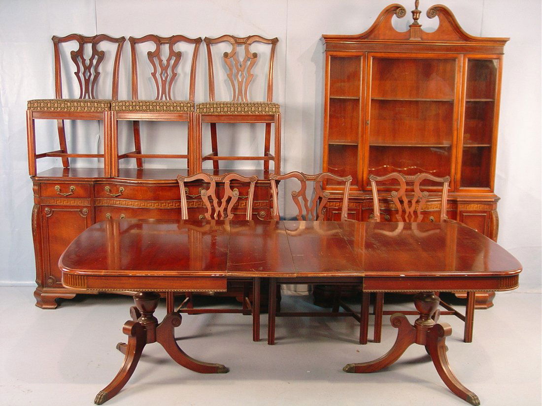 Mahogany 9 pc. Dining Room Set with Greek key trim: Mahogany 9 pc. Dining Room Set with Greek key trim, table with 2 leaves, 6 chairs, sideboard and china cabinet, ca. 1935, table, 7ft. 3in. L, 42in. W.