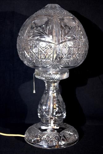 Cut glass lamp with cut mushroom shade, 20 in. T, 10 in. W.: Cut glass lamp with cut mushroom shade, 20 in. T, 10 in. W.