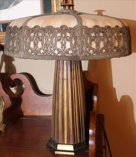 Old bronze slag glass panel lamp, 20 in. T, 17 in. R. (1 of 4)