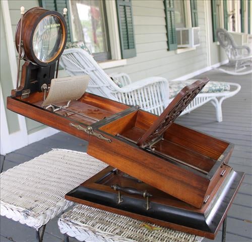 Complete rosewood Graphoscope viewer with cards: Complete rosewood Graphoscope viewer with cards, dated 1875, in nice box, 14 in. W, 12 in. L, 7 in. T.