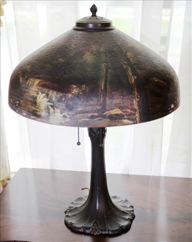 Early heavy bronze 1920's lamp with reverse painted shade, 21 in. T. (1 of 4)