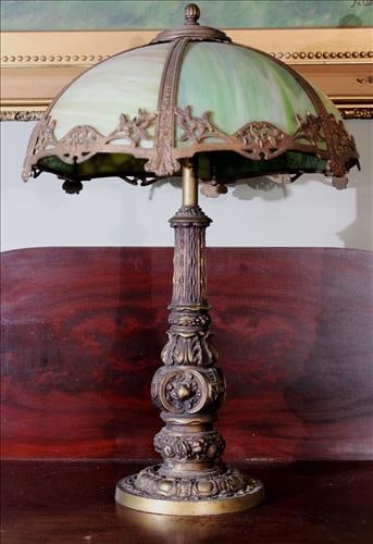 Early bronze 1920 green slag panel lamp, heavy base, 23 in. T. (1 of 4)