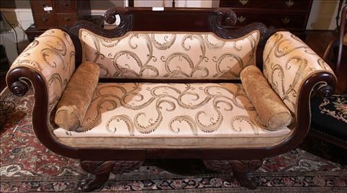 Federal acanthus carved love seat with Horne of plenty: Federal acanthus carved love seat with Horne of plenty and exaggerated arms, in good condition, 39 in. T, 64 in. W, 21 in. D.