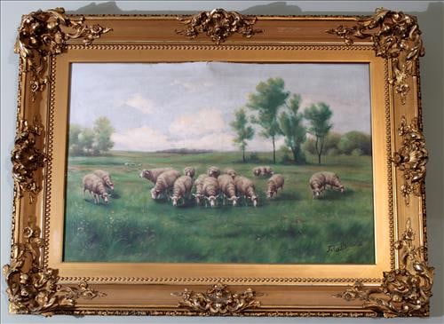 Oil on canvas of sheep in pasture, signed Jules Prillet, 29 x 40: Oil on canvas of sheep in pasture signed Jules Prillet, in beautiful Victorian gold gilded frame, 29 x 40