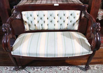 Mahogany empire 2 piece loveseat with figural head on arms