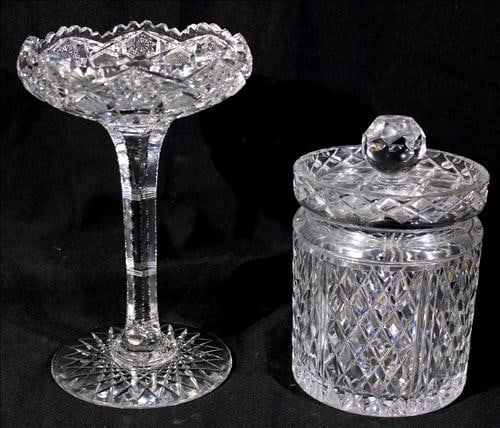 2 pieces of cut glass - compote, 9 in. T, 5 in. R. and mint jar with lid: 2 pieces of cut glass - compote, 9 in. T, 5 in. R. and mint jar with lid