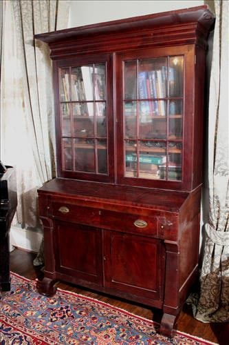 Early mahogany empire slant front secretary, 80 in. T, 21 in. D.: Early mahogany empire slant front secretary, 80 in. T, 21 in. D.