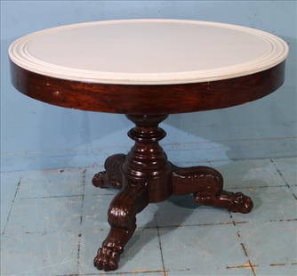 Round empire center table with 3 legs and large claw feet.: Round empire center table with 3 legs, large claw feet and pure white marble top, 29 in. T, 38 in. R.
