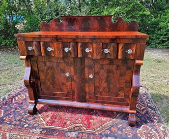 Mahogany 3 drawer, 2 door empire sideboard with glass pulls