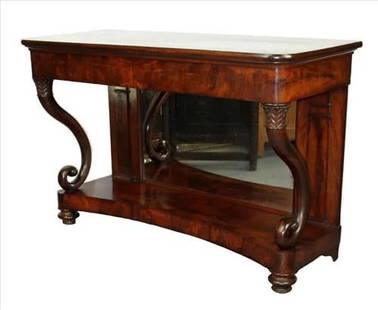 Flame mahogany pier table with scroll front and mirror: Flame mahogany pier table with columns, mirrored back and scroll front, 33 in. T, 48 in. W, 21 in. D.