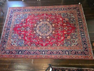 Handmade Persian rug with red, white and blue, 6 ft. 3 in. x 9 ft. 3 in.