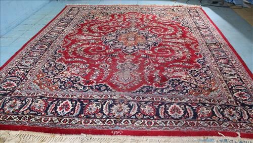 Large Persian rug with red, tan, blue, damage, 12 ft.3 in. x 10 ft. W. (1 of 4)