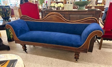 English parlor sofa with new blue velvet upholstery