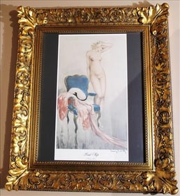 Louis Icart print entitled, "Pink Slip", matted in gold frame, 27 x 24