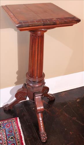 Heavy walnut pedestal with turned legs and claw feet, 36 in. T. (1 of 3)