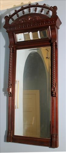 Walnut Victorian hanging wall mirror with beveled glass, 59 in. T. (1 of 3)