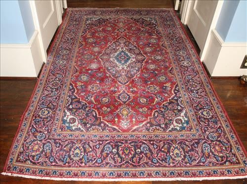 Antique Kashan Handmade Persian rug with red, blue and white: Antique Kashan Handmade Persian rug in red, blue and white, 4 ft., 7 in. x 7 ft. 5 in.