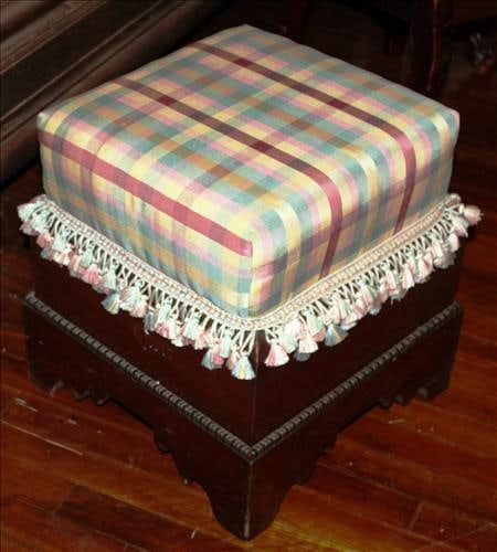Mahogany empire foot stool with lift off seat and plaid upholstery (1 of 2)