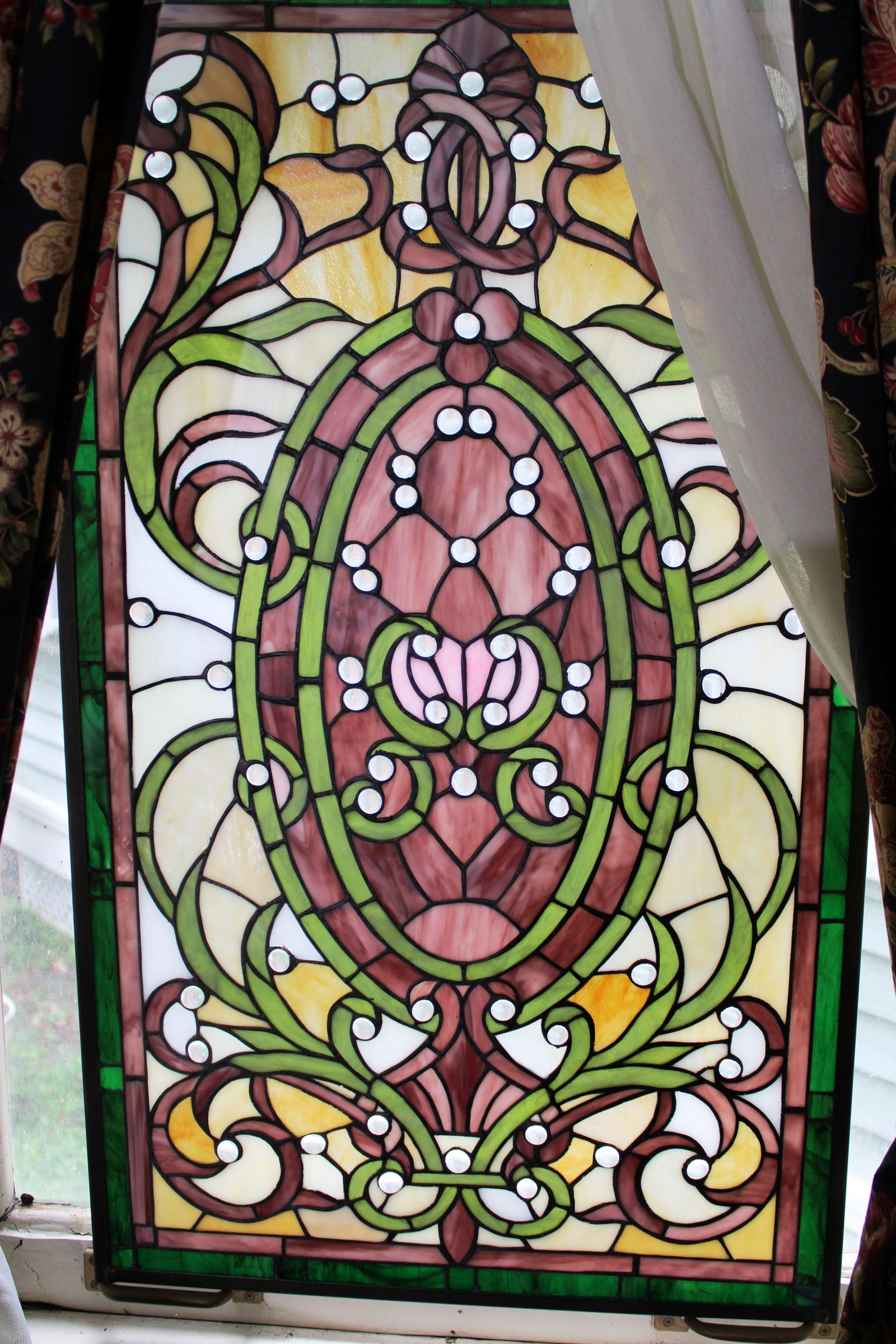 Stained glass window in beautiful green, pink and tan, 35 x 21: Stained glass window in beautiful green, pink and tan, 35 x 21, matches item # 229