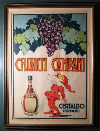 Italian vintage wine advertisement with Jester, 64 x 48: Italian vintage wine advertisement with Jester catching wine drops, 64 x 48