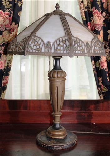 Early paneled slag glass lamp with wooden base, ca. 1925: Early paneled slag glass lamp with wooden base, ca. 1925
