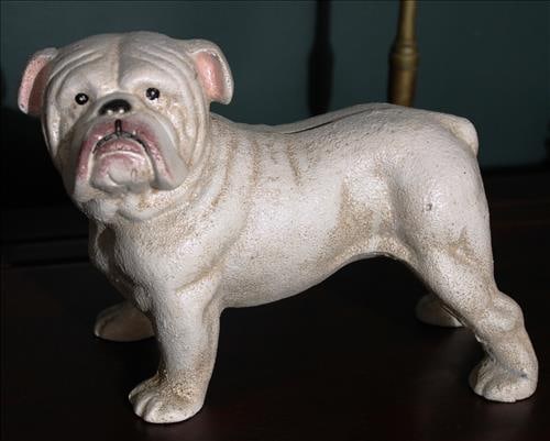 Solid cast iron white bulldog doorstop or piggy bank, 6.5 in. T.: Solid cast iron white bulldog doorstop or piggy bank, 6.5 in. T, 8 in. L.