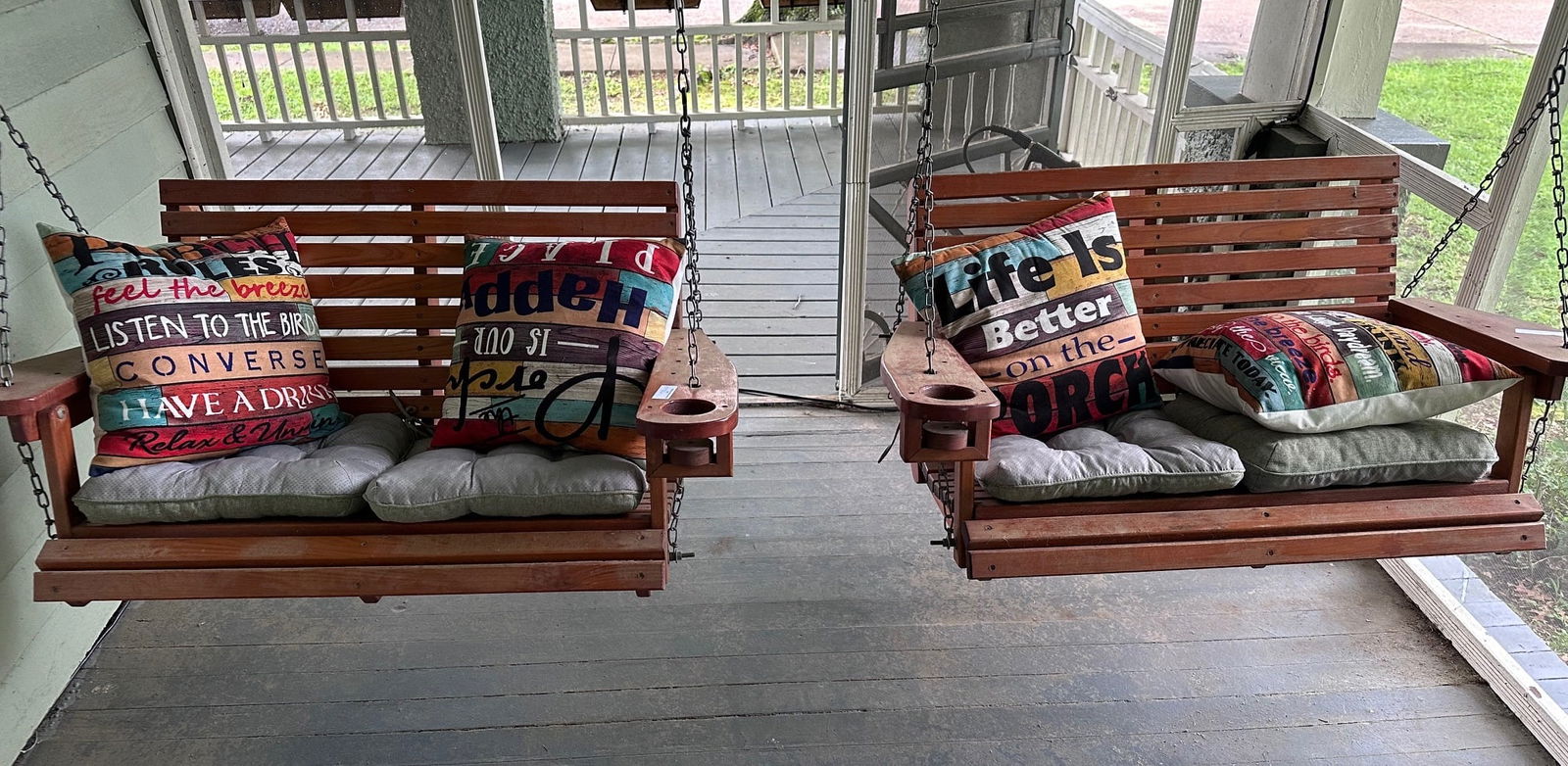 Matched pair of 2 redwood swings, custom made, 45 in. L, 23 in. T. (1 of 2)