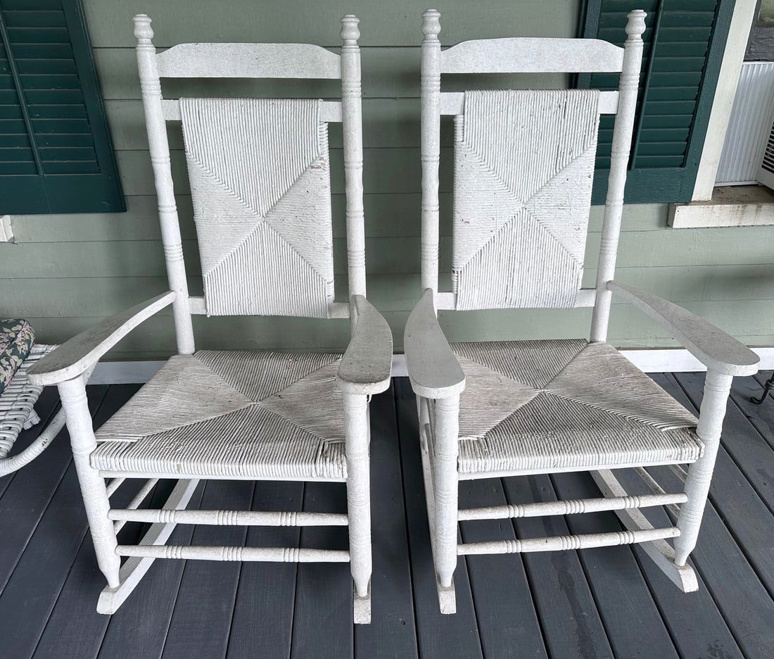 Pair of white wicker rockers, 44 in. T, 27 in. W, 20 in. D. (1 of 2)