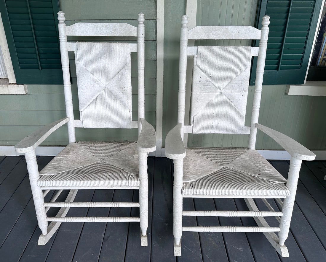 Pair of white wicker porch rockers, 44 in. T, 27 in. W, 20 in. D. (1 of 2)