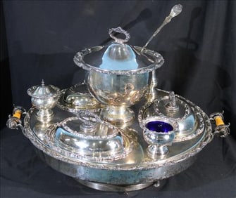 English Victorian silver-plate revolving server with serving pieces