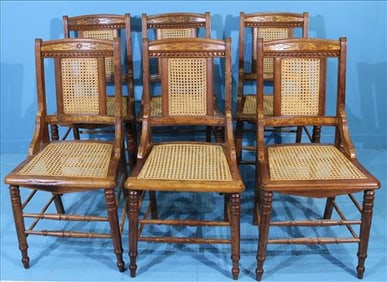 Set of 6 Antique Victorian Carved Walnut and Cane Parlor Chairs